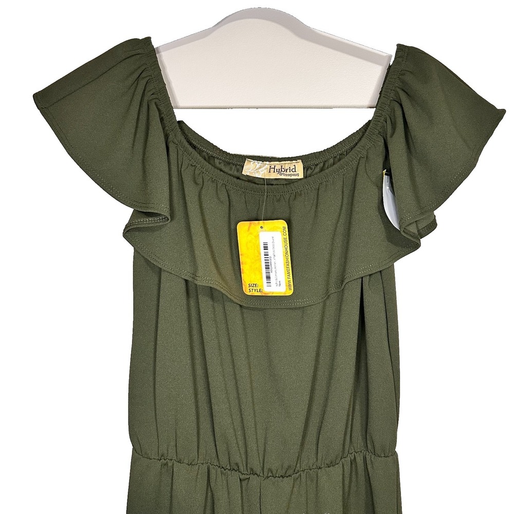 Hybrid & Company Womens Olive Green Ruffle Off Shoulder Wide Leg Jumpsuit Size M